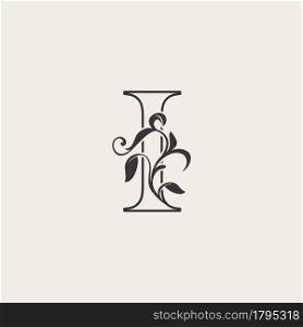 Graceful Floral Letter I Luxury Logo Icon . Black and White Outline simple beautiful logo. Vintage drawn alphabet in art nature leaf style.