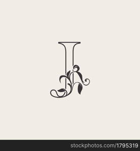 Graceful Floral Letter J Luxury Logo Icon . Black and White Outline simple beautiful logo. Vintage drawn alphabet in art nature leaf style.