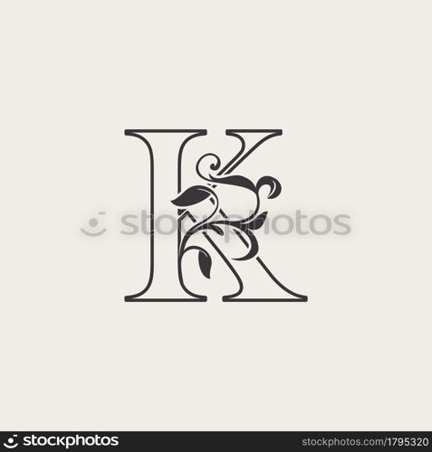 Graceful Floral Letter K Luxury Logo Icon . Black and White Outline simple beautiful logo. Vintage drawn alphabet in art nature leaf style.