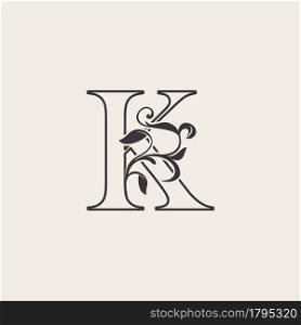Graceful Floral Letter K Luxury Logo Icon . Black and White Outline simple beautiful logo. Vintage drawn alphabet in art nature leaf style.