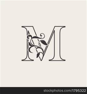 Graceful Floral Letter M Luxury Logo Icon . Black and White Outline simple beautiful logo. Vintage drawn alphabet in art nature leaf style.
