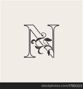 Graceful Floral Letter N Luxury Logo Icon . Black and White Outline simple beautiful logo. Vintage drawn alphabet in art nature leaf style.