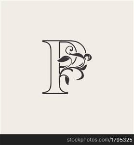 Graceful Floral Letter P Luxury Logo Icon . Black and White Outline simple beautiful logo. Vintage drawn alphabet in art nature leaf style.