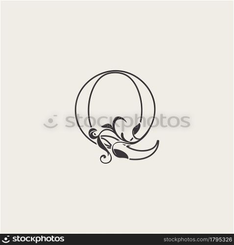 Graceful Floral Letter Q Luxury Logo Icon . Black and White Outline simple beautiful logo. Vintage drawn alphabet in art nature leaf style.