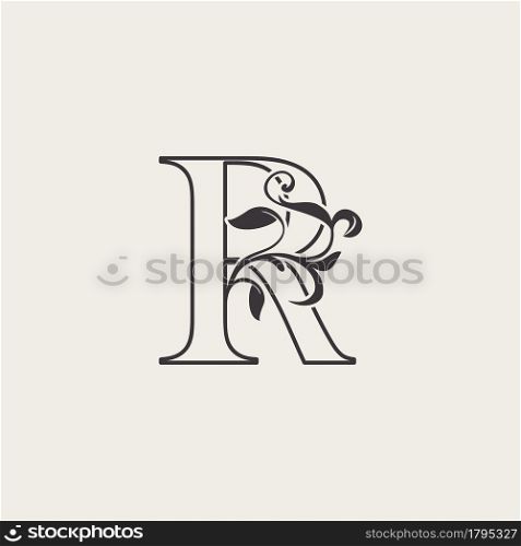 Graceful Floral Letter R Luxury Logo Icon . Black and White Outline simple beautiful logo. Vintage drawn alphabet in art nature leaf style.