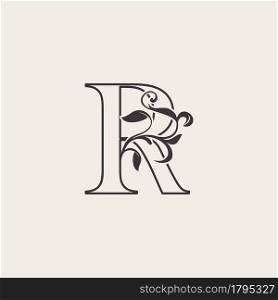 Graceful Floral Letter R Luxury Logo Icon . Black and White Outline simple beautiful logo. Vintage drawn alphabet in art nature leaf style.