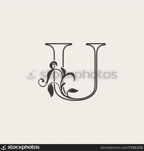 Graceful Floral Letter U Luxury Logo Icon . Black and White Outline simple beautiful logo. Vintage drawn alphabet in art nature leaf style.