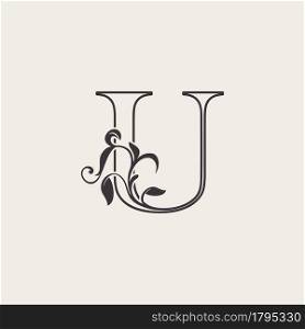 Graceful Floral Letter U Luxury Logo Icon . Black and White Outline simple beautiful logo. Vintage drawn alphabet in art nature leaf style.