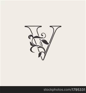 Graceful Floral Letter V Luxury Logo Icon . Black and White Outline simple beautiful logo. Vintage drawn alphabet in art nature leaf style.