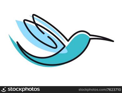 Graceful flowing blue flying stylized humming bird with outspread wings and a dainty long curved beak
