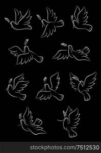 Graceful flying doves with olive tree branches icons set, for peace or religion theme. Flying doves with olive tree branches