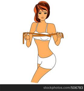 Graceful girl measuring the size of her chest with tape measure, colored vector illustration isolated on the white background