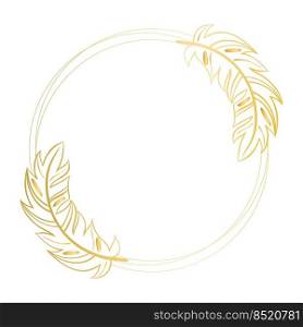 Graceful golden round frame with feathers. Gold wreath with gold decorated feathers. Rim for invitation, postcard or congratulations. Circular template vector illustration. Graceful golden round frame with feathers