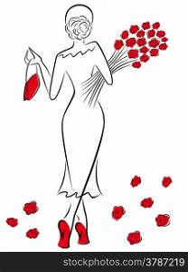 Graceful lady in a long dress with a bouquet of red roses goes away, hand drawing sketching vector artwork