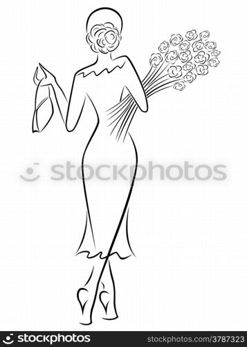 Graceful lady in a long dress with a bouquet of roses goes away, black over white hand drawing sketching vector artwork