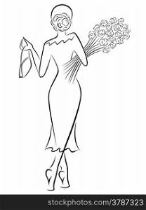Graceful lady in a long dress with a bouquet of roses goes away, black over white hand drawing sketching vector artwork