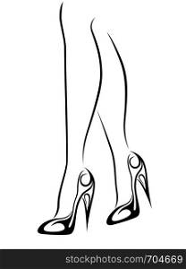 Graceful outline of graceful female feet in stylized shoes with high heels, black over white vector artwork