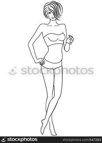 Graceful slim woman with stylish hairstyle and in underwear isolated on the white background, side view, hand drawing vector outline