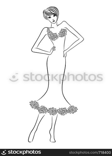 Graceful woman with slim figure in elegant floral dress isolated on the white background, hand drawing vector outline