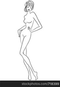 Graceful woman with slim figure isolated on the white background, hand drawing vector outline