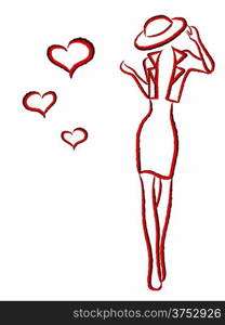 Graceful young woman in hat and jacket with black and red contours isolated on white background with hearts, hand drawing vector illustration