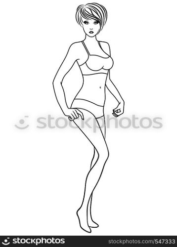 Graceful young woman with stylish hairstyle and in underwear isolated on the white background, hand drawing vector outline