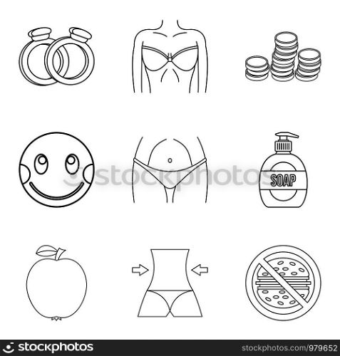 Gracefulness icons set. Outline set of 9 gracefulness vector icons for web isolated on white background. Gracefulness icons set, outline style