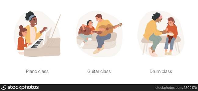 Gradeschool students music lessons isolated cartoon vector illustration set. Piano playing, guitar and drum class, after school art activity, PA day program, creativity development vector cartoon.. Gradeschool students music lessons isolated cartoon vector illustration set.