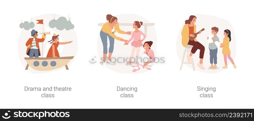Gradeschoolers creativity and imagination isolated cartoon vector illustration set. Drama and musical theatre class, dancing and singing PA day program, art after school activity vector cartoon.. Gradeschoolers creativity and imagination isolated cartoon vector illustration set.