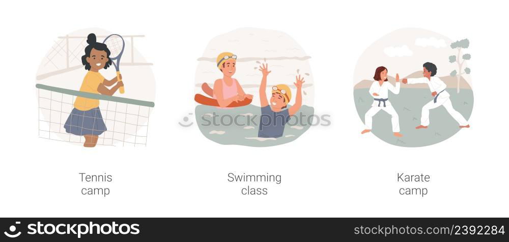 Gradeschoolers motor development isolated cartoon vector illustration set. Tennis camp, swimming class, karate PA day program, afterschool training, physical exercise, kids activity vector cartoon.. Gradeschoolers motor development isolated cartoon vector illustration set.