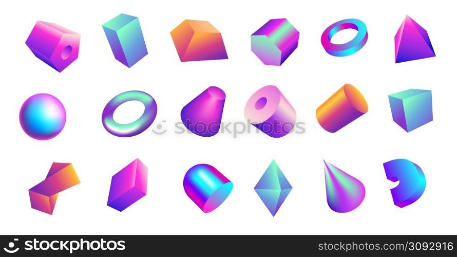 Gradient 3D shapes. Bright gradient geometric figures. Iridescent sphere cylinder and parallelepiped. Glossy pyramid. Holographic shiny cone or ring. Sparkling cube. Vector isolated abstract forms set. Gradient 3D shapes. Bright gradient geometric figures. Iridescent sphere cylinder and parallelepiped. Glossy pyramid. Holographic cone or ring. Sparkling cube. Vector abstract forms set