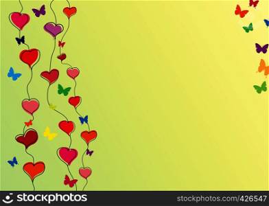 Gradient background with hearts and butterflies for design and decoration.