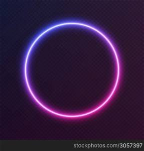 Gradient neon circle, blue-pink glowing border isolated on a dark background. Colorful night banner, vector light effect. Bright illuminated shape.. Gradient neon circle, blue-pink glowing border isolated on a dark background. Colorful night banner