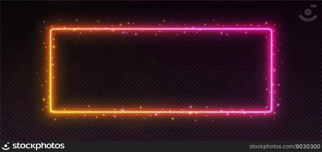 Gradient neon frame, glowing border with sparkles, led pink-yellow rectangle. Modern futuristic outline, tropical banner with pink and orange colors. Design UI element. Vector illustration.. Gradient neon frame, glowing border with sparkles, led pink-yellow rectangle. Modern futuristic outline
