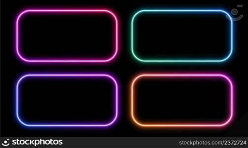 Gradient neon frames, rectangular borders isolated on a dark background. Colorful night banner, vector light effect. Bright illuminated shape.. Gradient neon frames, rectangular borders, colorful night banners isolated on black.