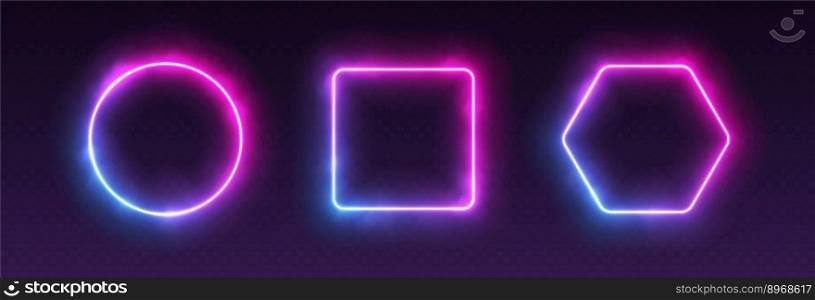Gradient neon frames with smoke, led borders with mist effect, transparent glowing haze. Avatar frames for game, futuristic UI design elements. Circle, square and hexagon vector decorations.. Gradient neon frames with smoke, led borders with mist effect, transparent glowing haze.