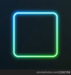 Gradient neon square, blue-green glowing border isolated on a dark background. Colorful night banner, vector light effect. Bright illuminated shape.. Gradient neon square, blue-green glowing border isolated on a dark background. Colorful night banner