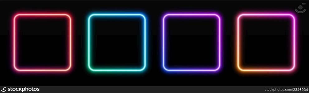 Gradient neon square frames set. Glowing borders isolated on a dark background. Colorful night banner, vector light effect. Bright illuminated shape.. Gradient neon square frames set. Glowing borders isolated on a dark background.