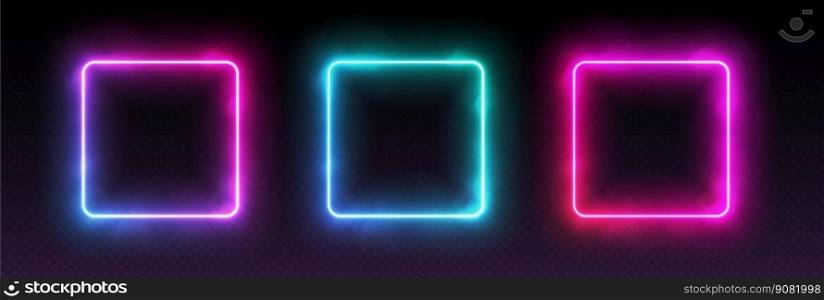 Gradient neon square frames with smoke, led borders with mist effect, transparent glowing haze. Avatar frames for game, futuristic UI design elements. Vector decorations.. Gradient neon square frames with smoke, led borders with mist effect, transparent glowing haze.