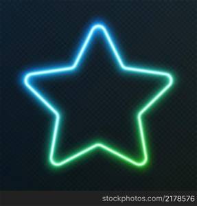 Gradient neon star, blue-green glowing border isolated on a dark background. Colorful night banner, vector light effect. Bright illuminated shape.. Gradient neon star, blue-green glowing border isolated on a dark background. Colorful night banner