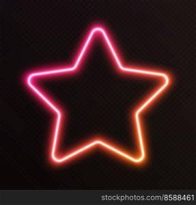 Gradient neon star, pink-orange glowing border isolated on a dark background. Colorful night banner, vector light effect. Bright illuminated shape.. Gradient neon star, pink-orange glowing border isolated on a dark background. Colorful night banner