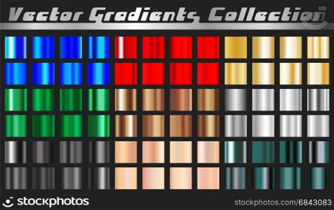 Gradient square set. Gradient square set. Collection metallic gold rose silver green bronze black red blue and various chrome gradients background texture. Vector illustration.