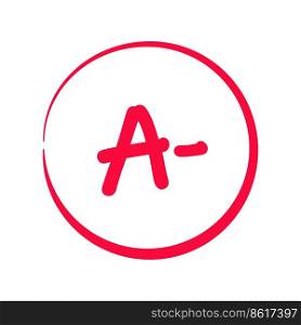 Grading system A . Grades for school with minus sign. Exam result written in red pen. Icon for student and education marker evaluation. Study score scribble