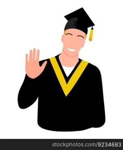 Graduate boy character, vector student in black robe and cap, university education concept, graduation ceremony wear, cheerful happy person isolated on white background.
