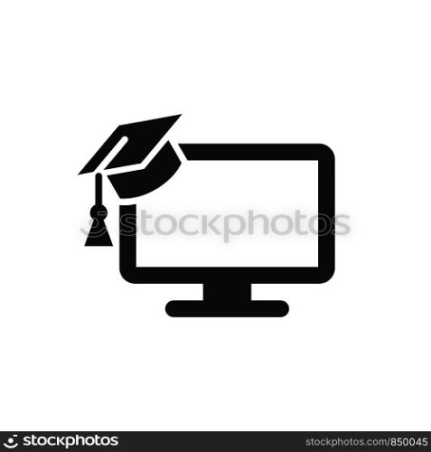 Graduate Cap Desktop Screen, Monitor, Computer Icon Logo Template Illustration Design. Vector EPS 10.