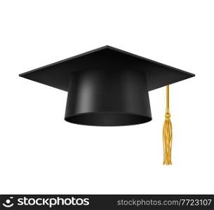 Graduate cap with tassel. Isolated university, college or academy student square hat with golden tassel. Academic and high school education degree, professor and knowledge 3d realistic vector symbol. Graduate cap, university student hat with tassel