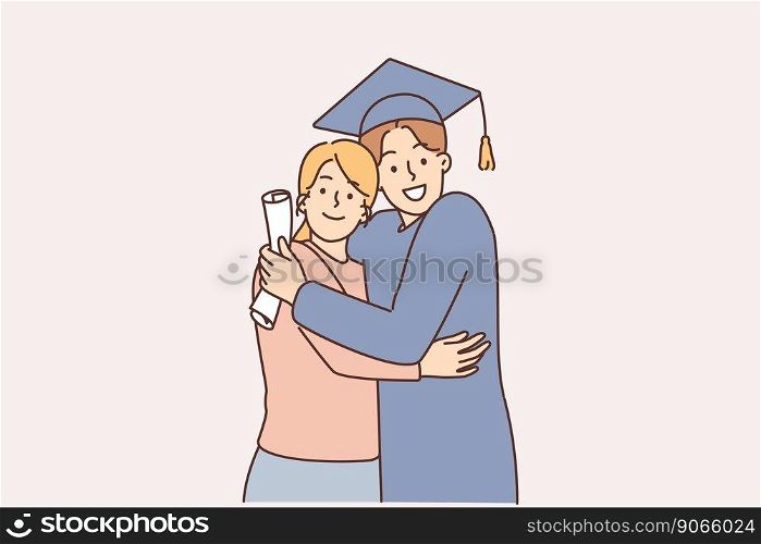Graduate concept. A young graduate in a cap with a diploma next to his mother. The young specialist graduated from the university. Education and training, learning.. A young graduate in a cap with a diploma next to his mother