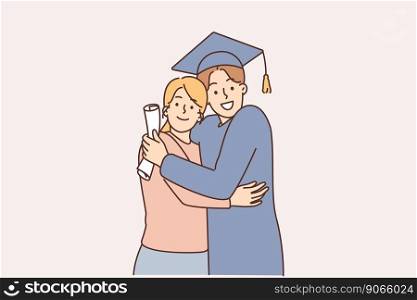 Graduate concept. A young graduate in a cap with a diploma next to his mother. The young specialist graduated from the university. Education and training, learning.. A young graduate in a cap with a diploma next to his mother