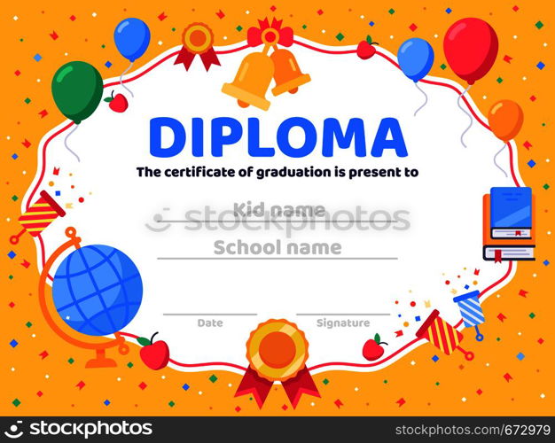 Graduate diploma. School graduation, graduates congratulations and preschool kid or kindergarten certificate. Educational university, college or school graduate document vector illustration. Graduate diploma. School graduation, graduates congratulations and preschool kid or kindergarten certificate vector illustration