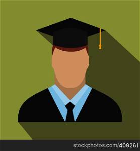 Graduate flat icon. Student in a hat. Single illustration on a green background . Graduate flat icon